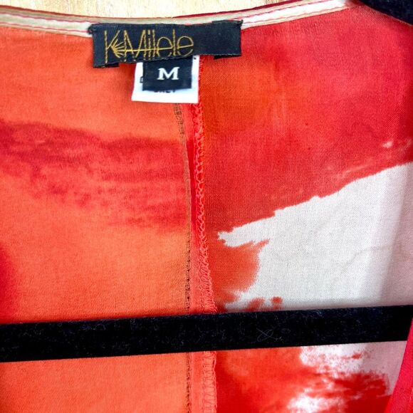 Rare KMilele Red Tie-Dye Kimono Boho Silk Top with tie fringe sleeves Sz M Gypsy - Picture 6 of 10